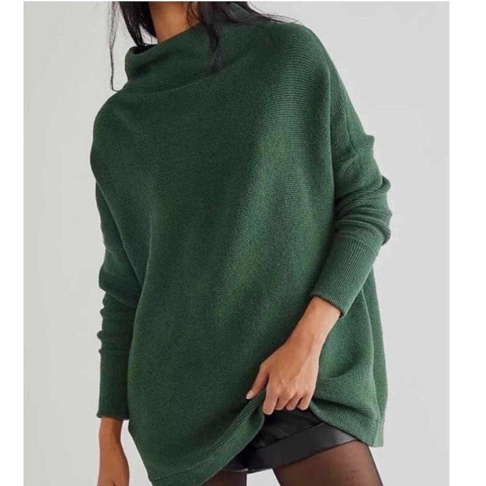 Free People Ottoman Slouchy Tunic Women S Green Excellent Ribbed Knit Mock Neck